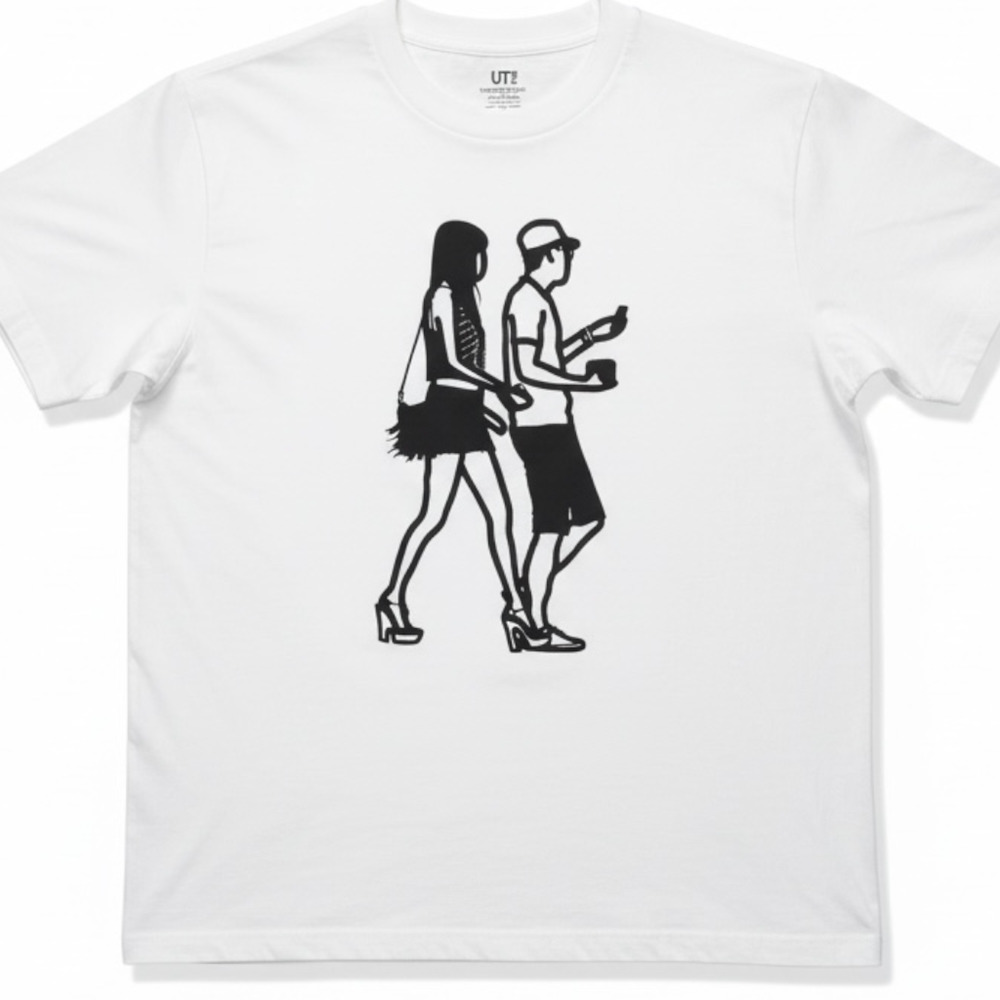 Uniqlo Julian Opie Couple Walking Print T-Shirt Artist Collab Men's Small White
